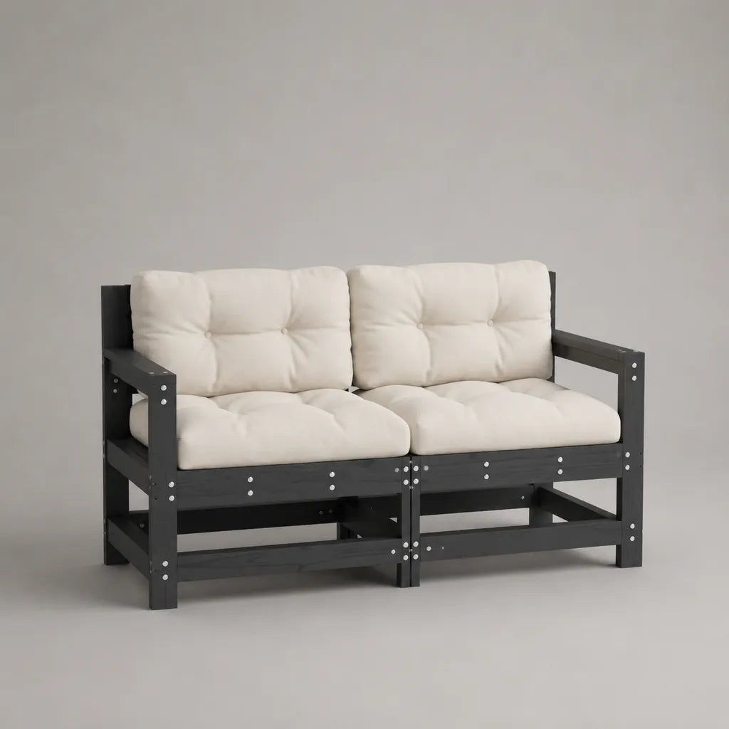 2-Sitzer-Gartensofa aus massivem Kiefernholz mit Polyesterkissen, Anthrazit und Cremeweiß, 140 x 75 x 85 cm