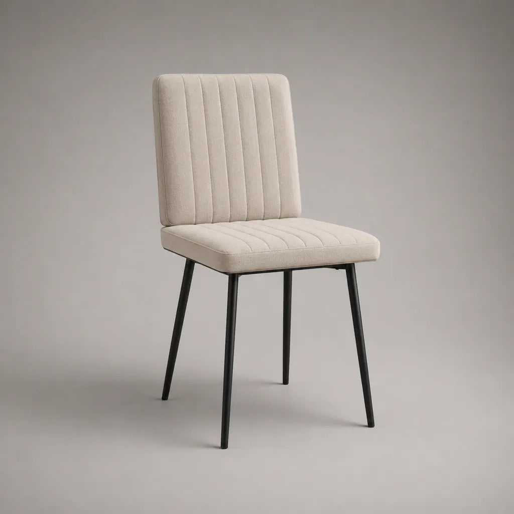 Esszimmerstuhl mit Polyester-Chenillebezug und Stahlbeinen, rechteckige Rückenlehne, Beige/Schwarz, 49 × 56 × 84 cm