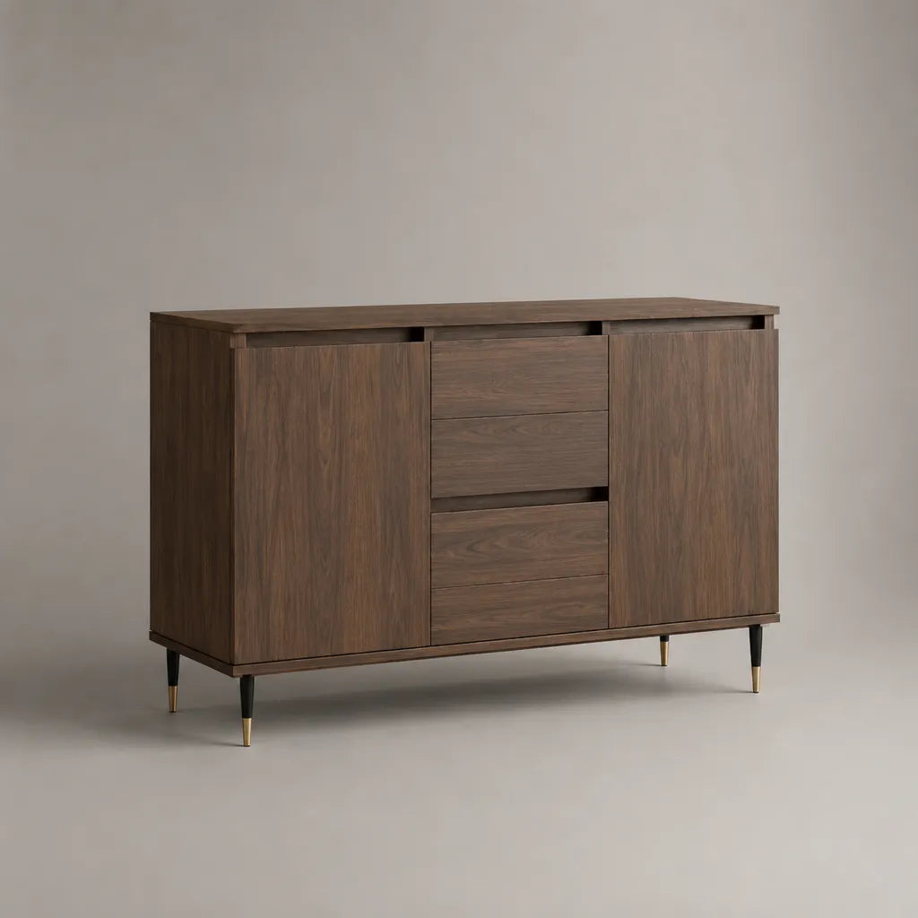 Sideboard aus MDF und Metall mit 2 Türen und 4 Schubladen, Walnussbraun, Schwarz und Messingfarben, 120 × 40 × 90 cm