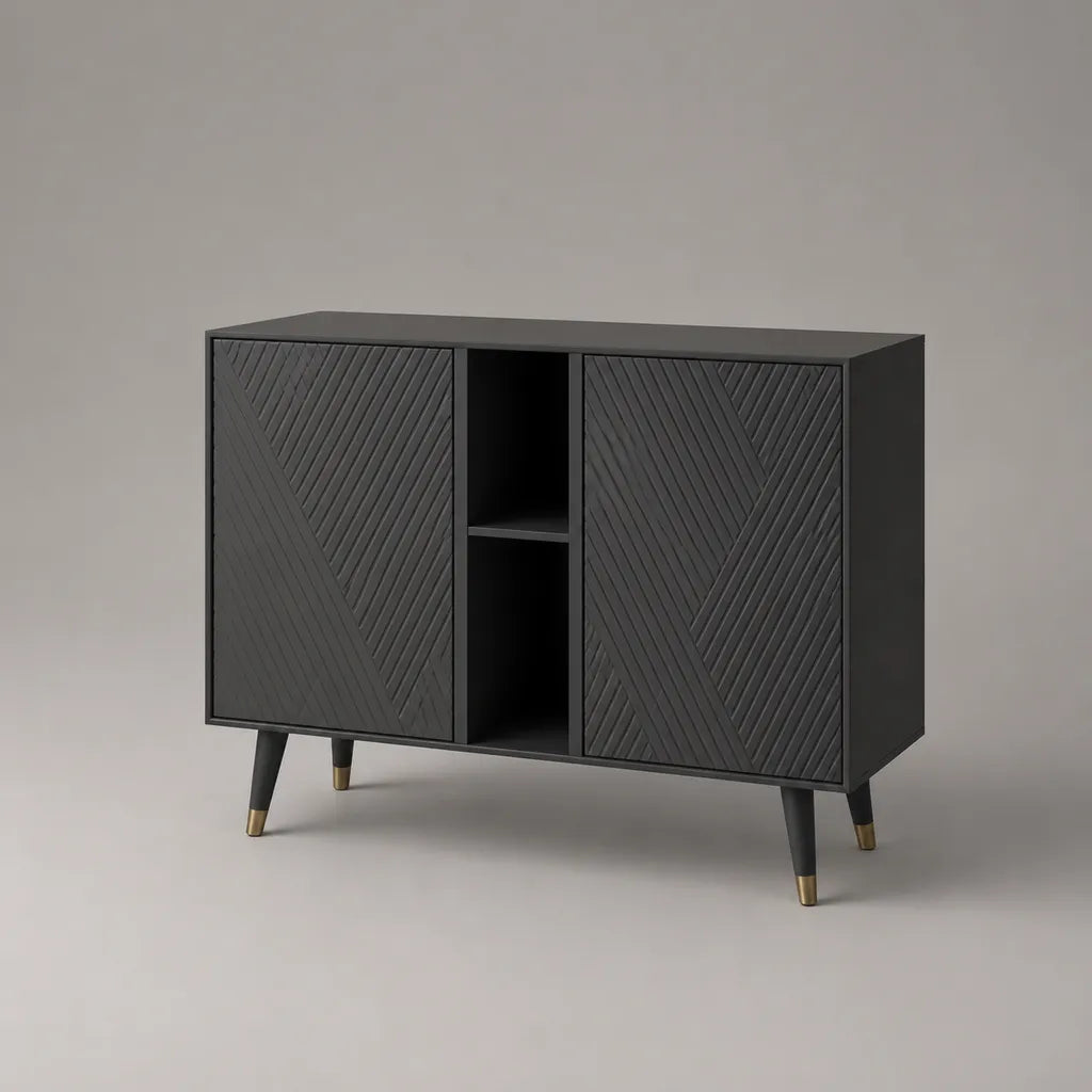 Sideboard aus MDF mit 2 Türen und 2 offenen Fächern, Schwarz und Goldfarben, 120 × 40 × 80 cm