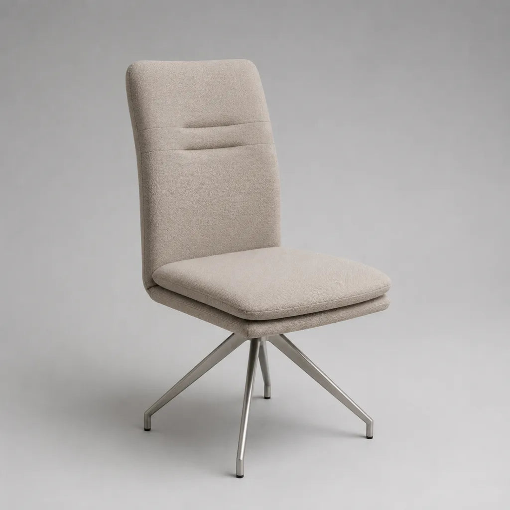 Drehbarer Esszimmerstuhl mit Polyesterbezug und Edelstahlgestell, Beige/Silber, 48 x 58 x 88 cm