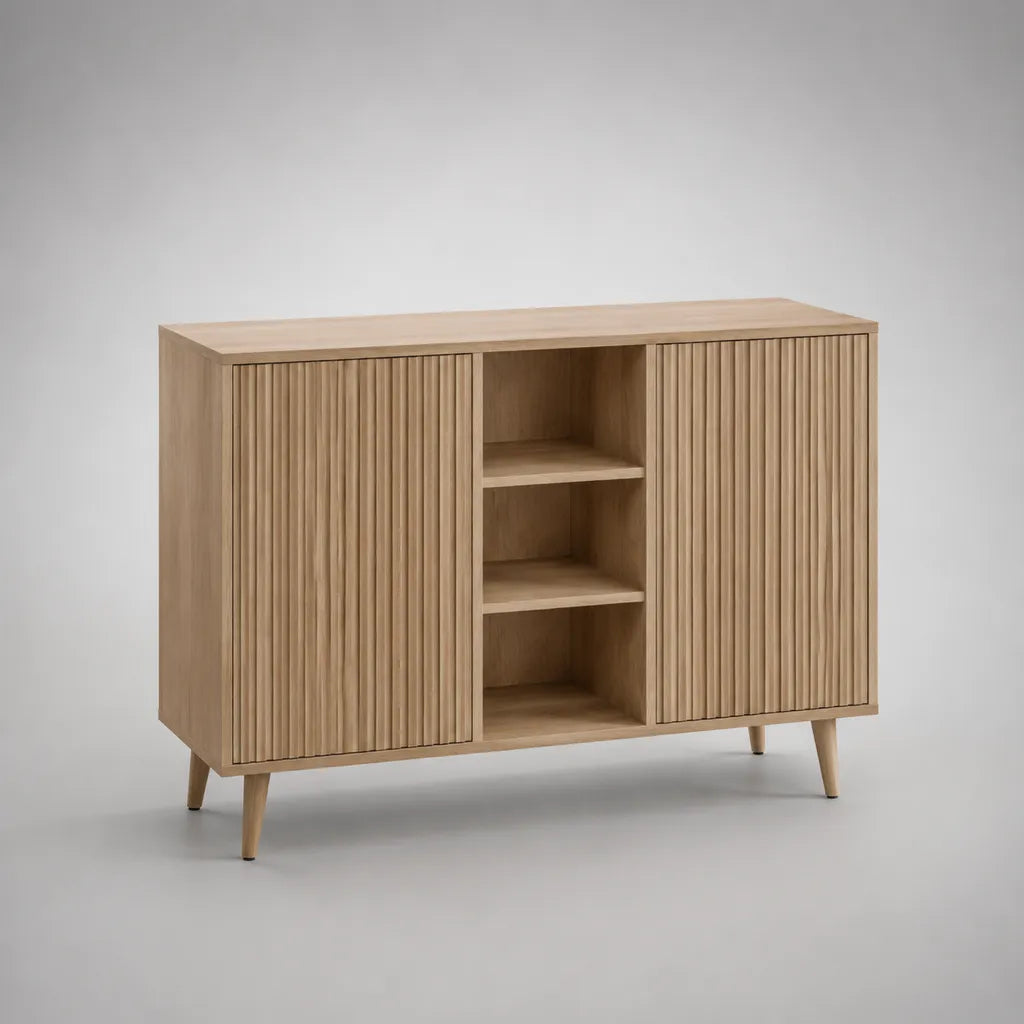 Sideboard aus MDF und Holz mit 3 Türen und 3 offenen Fächern, Natur/Hellbraun, 140 × 40 × 90 cm