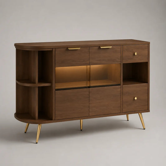 Sideboard mit Vitrine, LED-Beleuchtung und 2 Schubladen aus MDF mit Walnussfurnier und Glas, Braun/Messingfarben, 140 × 40 × 100 cm