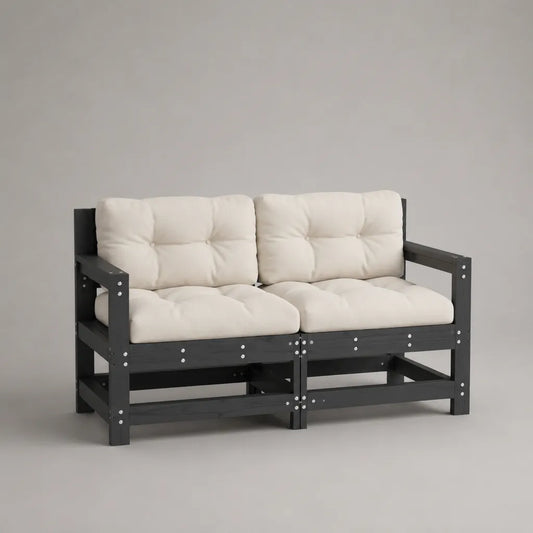 2-Sitzer-Gartensofa aus massivem Kiefernholz mit Polyesterkissen, Anthrazit und Cremeweiß, 140 x 75 x 85 cm