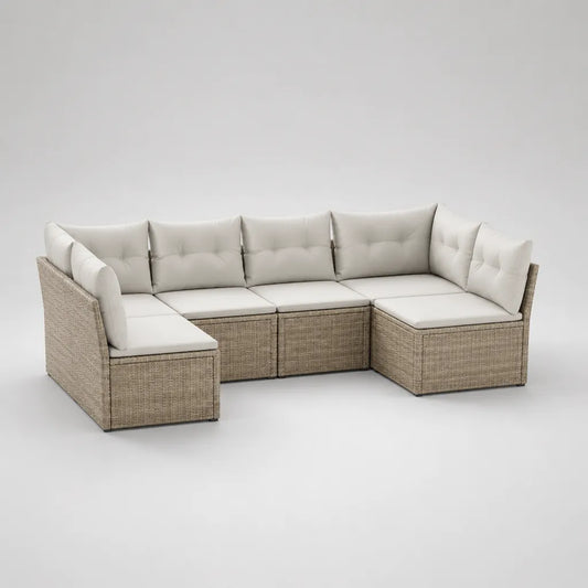 Gartensofa in U-Form für den Außenbereich, 6-Sitzer, 6-teilig, aus PE-Rattan und Stahl, Beige/Cremeweiß, 270 × 180 × 85 cm