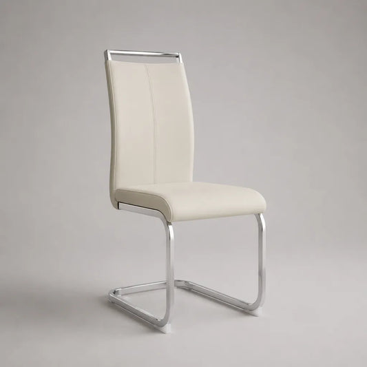 Esszimmerstuhl Freischwinger aus Kunstleder und verchromtem Stahl, Cremeweiß/Silber, 43 x 56 x 99 cm