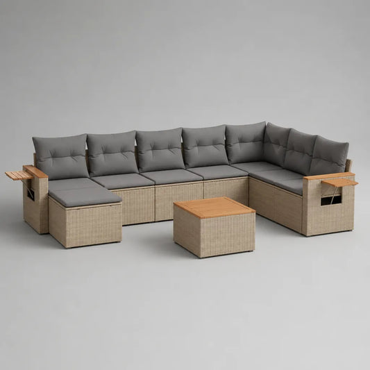 Gartensofa-Set 7-teilig aus PE-Rattan mit Polyesterkissen und Akazienholz, U-förmig, Beige/Grau/Naturbraun, ca. 320 x 220 x 75 cm