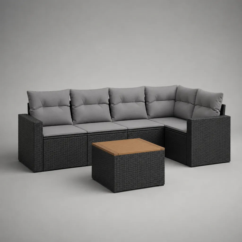 6-teilige Gartensofa-Garnitur, 5-Sitzer aus PE-Rattan mit Polstern und Tisch, L-förmig, Anthrazit/Grau/Naturbraun, 256 × 136 × 74 cm