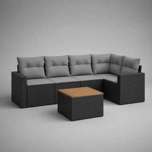 6-teilige Gartensofa-Garnitur, 5-Sitzer aus PE-Rattan mit Polstern und Tisch, L-förmig, Anthrazit/Grau/Naturbraun, 256 × 136 × 74 cm