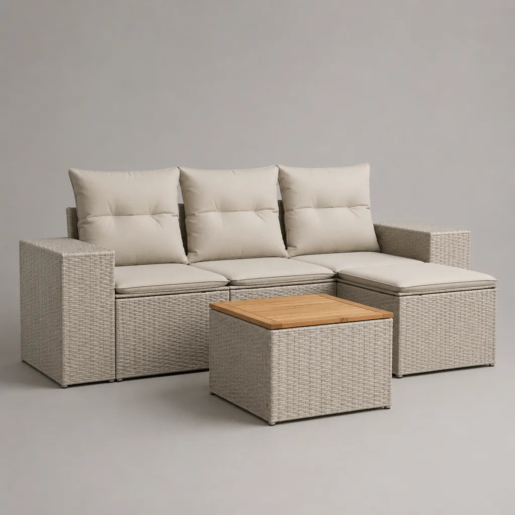 4-teiliges L-förmiges Gartensofa-Set aus PE-Rattan und Holz mit Couchtisch und Polstern, Beige, Cremeweiß und Naturbraun, 228 x 146 x 78 cm
