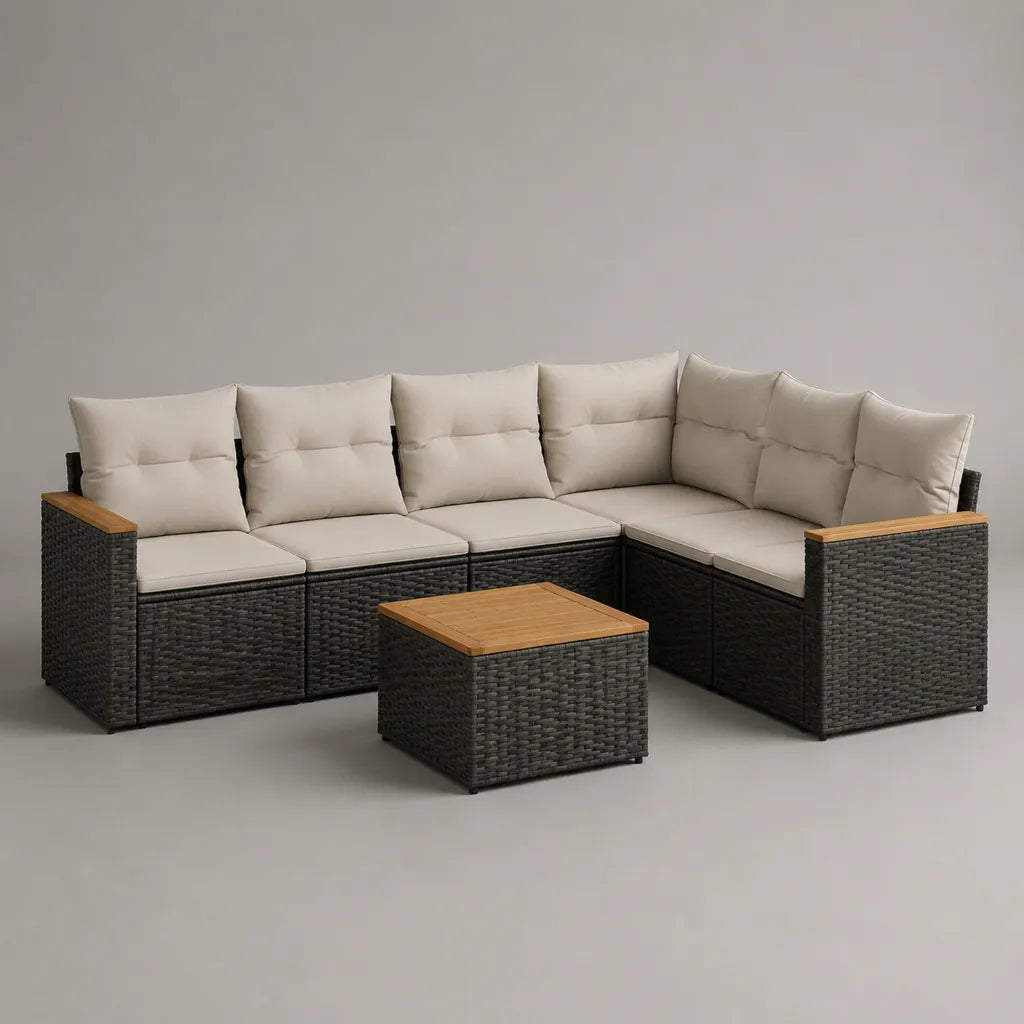 2-teiliges Gartensofa-Set, L-förmiges 5-Sitzer-Ecksofa mit Tisch, PE-Rattan, Stahl und Akazienholz, Schwarz/Beige/Naturbraun, Sofa 246 × 184 × 74 cm