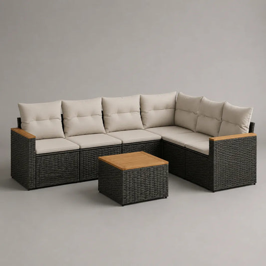 2-teiliges Gartensofa-Set, L-förmiges 5-Sitzer-Ecksofa mit Tisch, PE-Rattan, Stahl und Akazienholz, Schwarz/Beige/Naturbraun, Sofa 246 × 184 × 74 cm