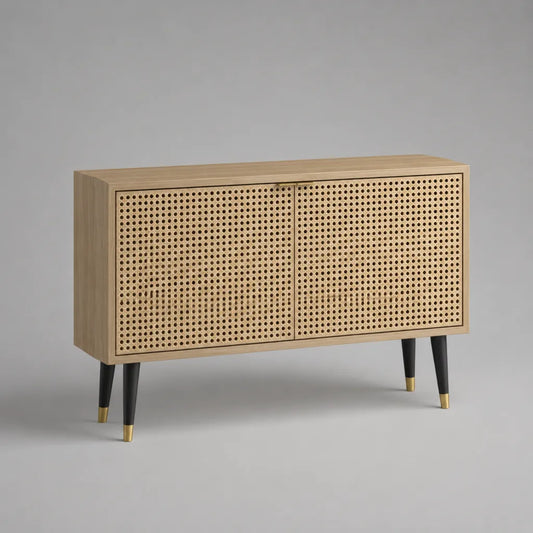 Rechteckiges Sideboard mit 2 Türen aus MDF und Rattangeflecht, Natur, Schwarz und Messingfarben, 120 × 40 × 80 cm