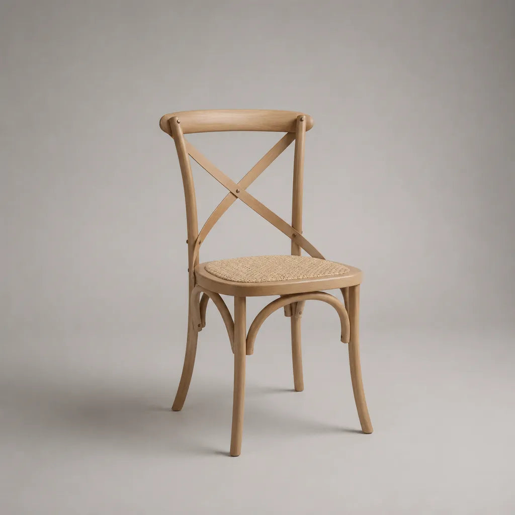 Esszimmerstuhl aus massivem Buchenholz mit Rattangeflecht und Kreuzlehne, Naturbeige, 50 × 53 × 88 cm