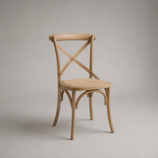 Esszimmerstuhl aus massivem Buchenholz mit Rattangeflecht und Kreuzlehne, Naturbeige, 50 × 53 × 88 cm