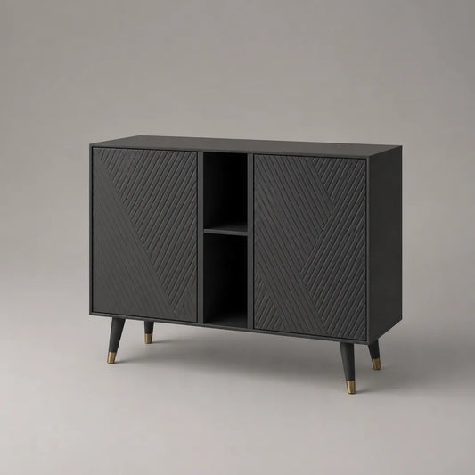 Sideboard aus MDF mit 2 Türen und 2 offenen Fächern, Schwarz und Goldfarben, 120 × 40 × 80 cm