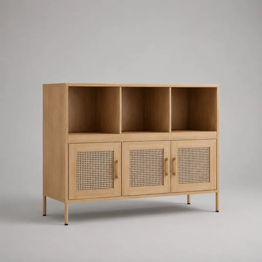 Sideboard mit 3 Türen und 3 offenen Fächern, MDF mit Eichenfurnier und Rattangeflecht, Naturfarben, 120 × 40 × 100 cm
