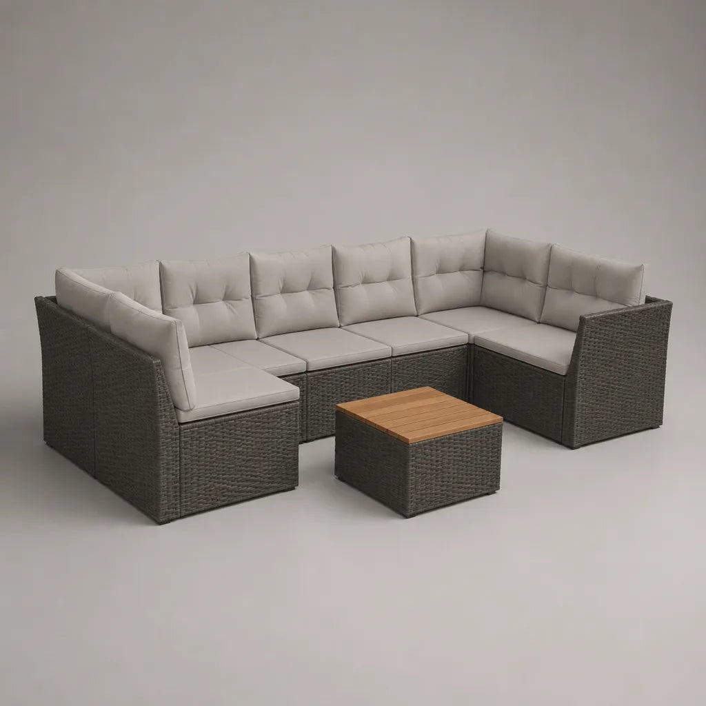 8-teiliges Gartensofa-Set in U-Form aus PE-Rattan und Stahl mit Auflagen und Tisch, Dunkelgrau/Beige/Braun, 300 × 180 × 85 cm