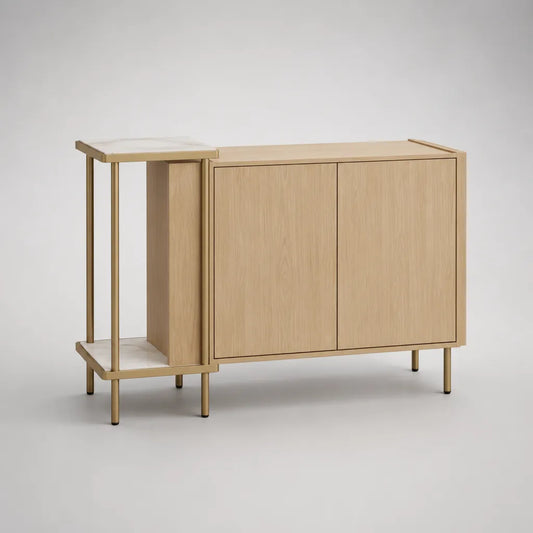 Sideboard mit 2 Türen und 2 offenen Ablagen aus eichenfurnierter MDF-Platte und Stahl, Natur Eiche, Messingfarben und Weiß, 120 × 40 × 80 cm
