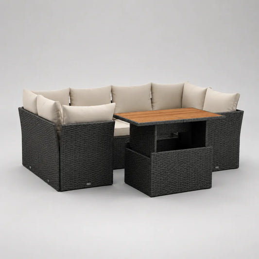 Gartenlounge-Set mit Ecksofa, Esstisch und Hocker aus Polyrattan, Stahl und Akazienholz, Schwarz/Beige/Braun, 228 × 172 × 75 cm